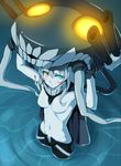  adjusting_clothes adjusting_hat blue_eyes blush bodysuit breasts cannon eyelashes from_above gloves glowing glowing_eyes hat heterochromia highres holding kantai_collection kedama_keito long_hair medium_breasts monster pale_skin shinkaisei-kan silver_hair solo tentacles tube wading water wo-class_aircraft_carrier yellow_eyes 