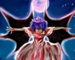  alternate_costume ash_(ashponmomo) aura bat_wings blood bloody_clothes blue_hair capelet corsage dress fang_out fangs full_moon glowing glowing_eyes looking_at_viewer moon night outdoors outstretched_arms red_eyes red_moon remilia_scarlet short_hair smile solo spread_arms tiara touhou wings 