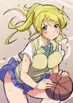  ayase_eli basketball blonde_hair blue_eyes blush bouncing_breasts breasts kosuke_haruhito large_breasts long_hair love_live! love_live!_school_idol_project otonokizaka_school_uniform ponytail school_uniform skirt smile solo sweat sweater_vest 