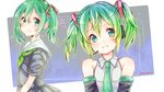  alternate_hair_length alternate_hairstyle commentary_request dual_persona gradient_hair hair_tie hatsune_miku headset heart hideo-eiyuu multicolored_hair multiple_views necktie school_uniform smile twintails vocaloid 