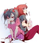  ajishio back-to-back black_hair blush bow hair_bow love_live! love_live!_school_idol_project multiple_girls nishikino_maki off_shoulder open_mouth purple_eyes red_eyes red_hair shirt short_hair sitting squirt_bottle sweat t-shirt thighhighs tied_shirt tongue tongue_out twintails yazawa_nico 