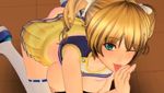  animated animated_gif blonde_hair blue_eyes breasts cheerleader lick licking musumakeup nipples pig_tails short_twintails tongue twintails wink 