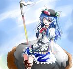  :o arm_support blue_hair boots bow cross-laced_footwear day dress food food_themed_clothes fruit hat highres hinanawi_tenshi karadborg lace-up_boots leaning_back long_hair looking_at_viewer open_mouth peach planted_sword planted_weapon red_eyes rock short_sleeves sitting sitting_on_rock skirt sky solo sword sword_of_hisou touhou weapon 