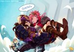  2girls 2gold belt blue_eyes boots brown_eyes brown_gloves brown_hair caitlyn_(league_of_legends) carrying dress earrings garen_crownguard gloves goggles goggles_on_head hat jewelry league_of_legends long_hair mechanical_arms multiple_girls open_mouth pink_hair princess_carry purple_dress smile speech_bubble text_focus vi_(league_of_legends) yuri 