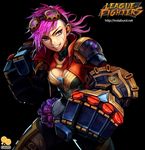  2gold armor black_background blue_eyes breasts cleavage earrings fighting_stance goggles goggles_on_head grin jewelry large_breasts league_of_legends mechanical_arm mechanical_arms pink_hair smile solo vi_(league_of_legends) 