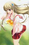  :d absurdres blonde_hair clarissa_satsuki_maezono grass hair_ribbon highres honeycoming_royalsweet long_hair open_mouth panties pantyshot pink_eyes rakko_(makarakko) ribbon school_uniform smile solo underwear white_panties wind wind_lift 