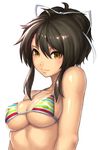  asuka_(senran_kagura) bikini breasts brown_eyes brown_hair cleavage covered_nipples hair_ribbon katagiri_(a1466502) medium_breasts ponytail ribbon senran_kagura senran_kagura_shoujo-tachi_no_shin'ei shiny shiny_skin short_ponytail simple_background smile solo strap_gap string_bikini striped striped_bikini swimsuit underboob upper_body white_background 