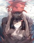  1girl air_bubble black_hair blue_eyes breasts bubble closed_eyes galanyu hug hug_from_behind kill_la_kill matoi_ryuuko medium_breasts multicolored_hair nude personification red_hair senketsu short_hair submerged tears two-tone_hair underwater 