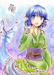  &gt;:) :d blue_eyes blue_hair cirno colored_pencil_(medium) dress drill_hair frilled_kimono frills head_fins japanese_clothes kimono mermaid monster_girl multiple_girls obi open_mouth puchimirin sash short_hair smile touhou traditional_media v-shaped_eyebrows wakasagihime wings 
