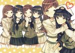  bangs black_hair blunt_bangs braid brown_eyes brown_hair heart kantai_collection kitakami_(kantai_collection) kurodeko long_hair midriff military military_uniform multiple_girls multiple_persona naval_uniform ooi_(kantai_collection) open_mouth remodel_(kantai_collection) school_uniform serafuku skirt smile uniform 