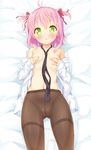  ahoge blush bow breasts covering covering_breasts cowboy_shot crotch_seam green_eyes hair_bow ichi_makoto looking_at_viewer lying maou_no_shimobe_ga_arawareta! navel necktie on_back pantyhose pink_hair short_hair short_twintails small_breasts solo thighband_pantyhose twintails 