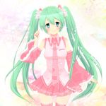  blush detached_sleeves green_eyes green_hair hatsune_miku highres long_hair looking_at_viewer necktie petals skirt smile solo thighhighs twintails very_long_hair vocaloid yunca 