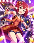  alternate_costume armlet artist_request brown_eyes confetti flower hair_flower hair_ornament idolmaster idolmaster_cinderella_girls microphone murakami_tomoe official_art red_hair short_hair shorts smile solo 