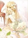  blonde_hair blush bow chair chin_rest dress earrings flower green_eyes hair_bow hair_ornament highres jewelry long_hair looking_at_viewer looking_back original puracotte sitting solo wariza 