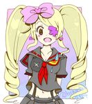  arms_behind_back bad_id bad_pixiv_id big_hair blonde_hair blush bow cosplay drill_hair earrings eyepatch hair_bow harime_nui heart heart_earrings jewelry kill_la_kill living_clothes long_hair matoi_ryuuko matoi_ryuuko_(cosplay) navel pink_bow rio_orihara school_uniform senketsu serafuku smile solo suspenders sweatdrop twin_drills twintails 