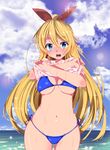  bad_id bad_pixiv_id bikini blonde_hair blue_bikini blue_eyes blue_sky breasts brown_hair cleavage cloud day groin hair_ribbon horizon kirisaki_chitoge large_breasts lens_flare long_hair nisekoi ocean ponytail ribbon shirt side-tie_bikini sky solo strap_gap string_bikini swimsuit tanaka_deshirittoru underboob undressing wet wet_clothes wet_shirt wide_hips 