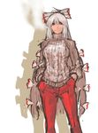  aran_sweater bow breasts casual cigarette fujiwara_no_mokou hair_bow hands_in_pockets highres large_breasts long_hair nameo_(judgemasterkou) pants red_eyes silver_hair smoking solo sweater touhou turtleneck 