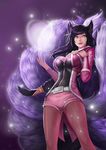  :d ahri alternate_costume animal_ears bangs belt black_hair braid breasts brown_legwear cleavage commentary cosplay energy_ball engrish_commentary facial_mark fox_ears fox_tail girls'_generation goomrrat hand_on_own_chest happy heart highres jacket large_breasts league_of_legends legwear_under_shorts lens_flare light_particles lipstick long_hair long_sleeves looking_at_viewer low-tied_long_hair magic makeup multiple_tails no_hat no_headwear open_clothes open_jacket open_mouth pantyhose popstar_ahri short_shorts shorts single_braid slit_pupils smile solo standing tail very_long_hair whisker_markings yellow_eyes zipper 