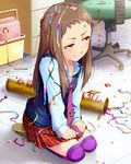  analog_clock artist_request blue_shirt book bookshelf box box_stack brown_eyes brown_hair cardboard_box chair clock collared_shirt confetti corded_phone desk dress_shirt file_cabinet frown hands_on_lap idolmaster idolmaster_cinderella_girls indoors keyboard_(computer) koseki_reina long_hair long_sleeves looking_away miniskirt monitor mouse_(computer) mousepad_(object) necktie office office_chair official_art on_floor over-kneehighs party_popper phone plaid plaid_skirt pleated_skirt purple_eyes purple_legwear purple_neckwear red_skirt safety_pin seiza shirt shoes sitting skirt sneakers solo source_request streamers striped striped_legwear striped_neckwear sweatdrop sweater_vest thighhighs tile_floor tiles 