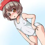  bangs blush brown_eyes brown_hair covered_navel eyebrows eyebrows_visible_through_hair hair_between_eyes hat lyrica_prismriver one-piece_swimsuit open_mouth red_hat school_swimsuit short_hair solo swimsuit touhou triangle_mouth waribashi-p white_school_swimsuit white_swimsuit 