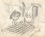  1girl beard blush_stickers bowl bowl_hat crossover david_the_gnome facial_hair gnome hat monochrome mustache setz sitting sketch sukuna_shinmyoumaru table tablecloth the_world_of_david_the_gnome touhou 