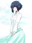  black_hair blue_eyes blue_skirt blush cloud emappo kill_la_kill kiryuuin_satsuki lips shirt short_hair skirt sky solo spoilers 