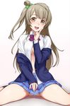  :d [[[ black_legwear blazer blush breasts brown_eyes brown_hair dress_shirt jacket kneehighs long_hair looking_at_viewer love_live! love_live!_school_idol_project medium_breasts minami_kotori navel no_bra one_side_up open_blazer open_clothes open_jacket open_mouth open_shirt otonokizaka_school_uniform pleated_skirt school_uniform shirt simple_background sitting skirt smile solo wariza 