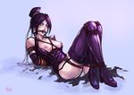  1girl artist_request ball_gag bdsm bondage boots bound breasts catiline character_request gag gagged kachima nipples original purple_hair rope source_request thigh_boots thighhighs 