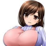  apron breasts brown_eyes brown_hair huge_breasts mature mole shinken-zemi short_hair simple_background solo toranoo zemi_mama 