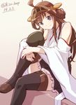  ahoge bare_shoulders black_legwear blue_eyes boots brown_hair e20 hairband kantai_collection kongou_(kantai_collection) long_hair looking_at_viewer nontraditional_miko sidelocks sitting skirt smile solo thigh_boots thighhighs wide_sleeves 