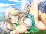  1girl armor blonde_hair blue_eyes blush bottomless breasts broken_armor censored cleavage clothed_sex day elf erection game_cg grass hetero kasou_shinshoku kristina_arcadelt large_breasts long_hair looking_at_viewer looking_to_the_side lying midorigi_mura mosaic_censoring nipples open_mouth out_of_frame outdoors penis pointy_ears sex shiny shiny_skin solo_focus spread_legs sweat torn_clothes vaginal 