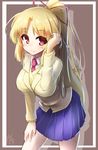  2014 blazer blonde_hair blush breasts brown_background dated hair_ribbon jacket kiritani_yukina large_breasts long_hair long_sleeves looking_at_viewer necktie number parted_lips pleated_skirt ponytail red_eyes ribbon saikin_imouto_no_yousuga_chotto_okashiindaga school_uniform signature silhouette skirt solo standing tilt-shift very_long_hair 