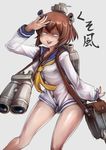  :3 bag bangs binoculars brown_eyes brown_hair buck_teeth cannon dress headgear kantai_collection sailor_dress salute satchel short_hair smile solo sowel_(sk3) yukikaze_(kantai_collection) 