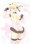  ass back backless_outfit blonde_hair blue_eyes blush breasts cat_with_a_brush dead_or_alive dead_or_alive_5 detached_sleeves fingerless_gloves from_behind garters gloves hair_ribbon highres leotard long_hair looking_back marie_rose ribbon small_breasts solo thighhighs twintails 