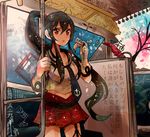 anchor_symbol black_hair breasts cleavage commentary_request gloves itomugi-kun kantai_collection large_breasts midriff miniskirt navel necktie ponytail red_eyes red_skirt skirt solo train_interior yahagi_(kantai_collection) 