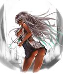  ass breasts cropped_legs dark_skin dress gond green_hair highlights large_breasts long_hair multicolored_hair pixiv_fantasia pixiv_fantasia_fallen_kings short_dress sideboob silver_hair solo wind wind_lift 