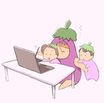  1girl 2boys artist_self-insert brother brother_and_sister brown_hair computer copyright_request cosplay daughter desk eggplant eggplant_cosplay father father_and_daughter father_and_son hataraki_ari laptop multiple_boys siblings sister stylus tablet 