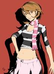  breasts brown_hair casual cleavage commentary crop_top dh_(brink_of_memories) hand_on_hip highres lips md5_mismatch medium_breasts midriff navel persona persona_3 scarf short_hair skirt solo stomach striped striped_scarf takeba_yukari 