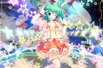  \m/ ahoge armpits bangs blush bow cloud collarbone cowboy_shot fang green_hair highres korotan macross macross_frontier mirror_writing one_eye_closed open_mouth orange_skirt ranka_lee red_bow red_eyes skirt solo sparkle star star_(sky) suspender_skirt suspenders thighhighs wristband 