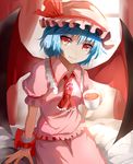  ascot bad_id bad_pixiv_id bat_wings bow brooch cup fang hair_bow highres hizagawa_rau jewelry remilia_scarlet solo tea teacup touhou wings 