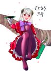  :d alcohol alternate_color bottle bow capcom_fighting_jam cup dress feet gloves hair_bow hairpods highres holding ingrid legs long_hair looking_at_viewer no_shoes open_mouth pantyhose petals player_2 purple_legwear red_eyes sakazuki sake sake_bottle silver_hair smile solo tetsu_(kimuchi) thick_thighs thighs white_gloves white_hair 