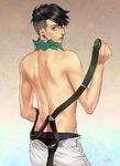  back bad_id bad_pixiv_id black_hair brown_eyes diamond_wa_kudakenai earrings eyelashes green_lipstick headband headband_around_neck icym jewelry jojo_no_kimyou_na_bouken kishibe_rohan lipstick looking_at_viewer looking_back makeup male_focus shirtless simple_background solo suspenders underwear undressing 