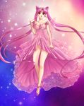  2013 absurdres back_bow bare_legs bare_shoulders bishoujo_senshi_sailor_moon bow chibi_usa double_bun dress earrings facial_mark forehead_mark full_body gradient gradient_background highres jewelry lirahalovna long_hair looking_away older parted_lips pink_dress pink_hair red_eyes signature small_lady_serenity solo sparkle twintails very_long_hair 