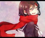  black_hair closed_eyes enpera hair_ornament hairclip kagerou_project long_hair red_scarf ringomaru scarf school_uniform serafuku smile solo sweatdrop tateyama_ayano 