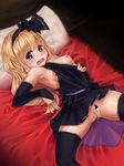  bed_sheet black_gloves black_legwear blonde_hair blue_eyes blush breasts bridal_gauntlets censored cum cumdrip gloves hairband highres jon_sandman long_hair lying nipples on_back on_bed open_mouth pillow pussy small_breasts solo spread_legs tears thighhighs 