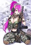  amputee assault_rifle breasts cigarette derivative_work duplicate gun heckler_&amp;_koch highres hk416 horns large_breasts matsuryuu military military_uniform original pink_hair rifle smoke third-party_edit uniform weapon 