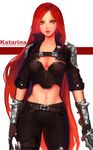 belt black_pants breasts character_name cleavage gloves green_eyes holding holding_weapon jacket jang_ju_hyeon katarina_du_couteau league_of_legends long_hair long_sleeves looking_at_viewer medium_breasts midriff navel pants red_hair scar solo very_long_hair weapon 