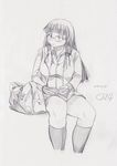  bag blush book breasts dated fat glasses greyscale kobayakawa_horan large_breasts long_hair monochrome nekokami original plump sitting skirt smile solo 