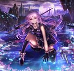  a-line boots full_moon gloves long_hair moon original purple_eyes purple_hair skirt solo sword weapon 