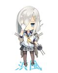  blue_eyes character_name chibi covering_one_eye full_body gloves hair_ornament hair_over_one_eye hairclip hamakaze_(kantai_collection) hand_on_own_head highres hiiro_(hiiro) kantai_collection pantyhose school_uniform serafuku skirt solo standing white_gloves white_hair 